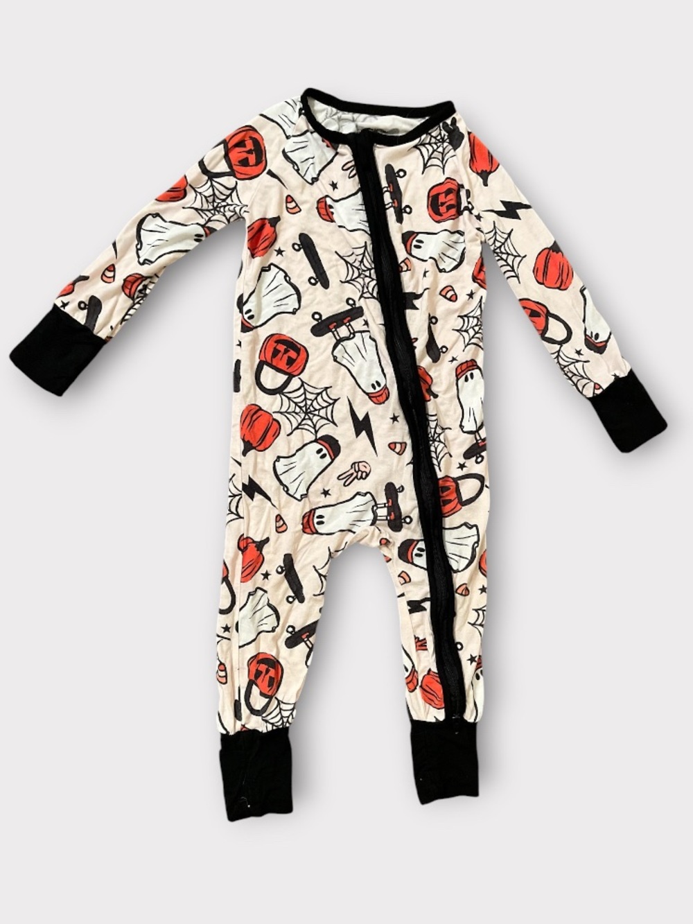 Halloween Ghost Print Kids Bamboo Fiber One-Piece Pajamas - Black Trim